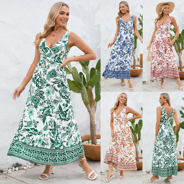 Fashion Floral Print V-neck Dress Summer Sexy Slim Fit Sleeveless Long Dress